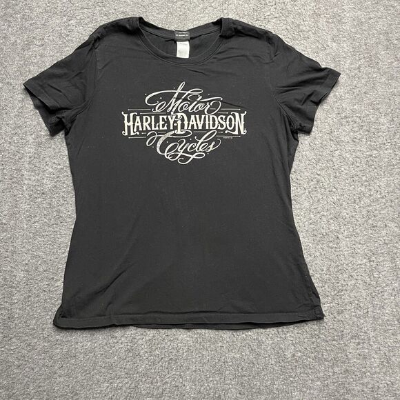 Harley Davidson V Neck Short Sleeve Shirt Women's Large Black Cotton Made in USA - Picture 1 of 8